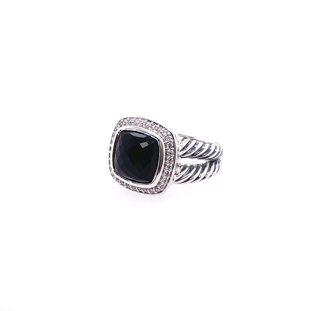 David Yurman 925 Sterling Silver Albion Ring 11mm Black Onyx & Diamonds size 8